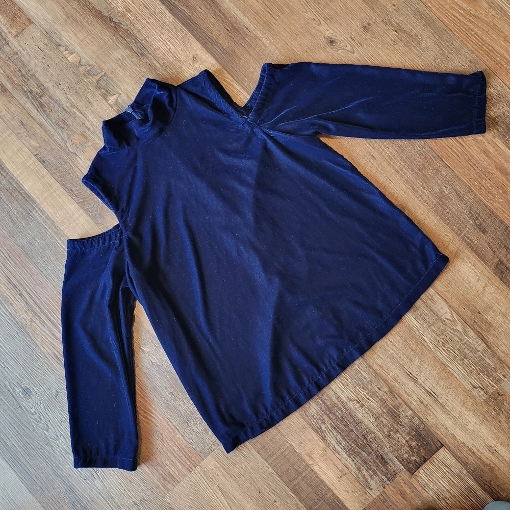 Saks Fifth Avenue Dark Blue Velvet High Neck Cold Shoulder Top